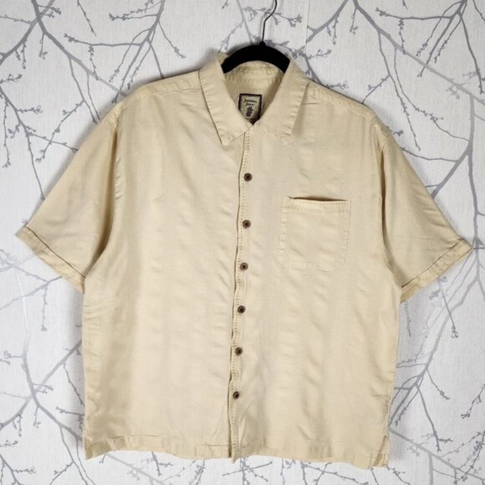 Jamaica Jaxx Yellow Stripe Jacquard 100% Silk Hawaiian Camp Shirt